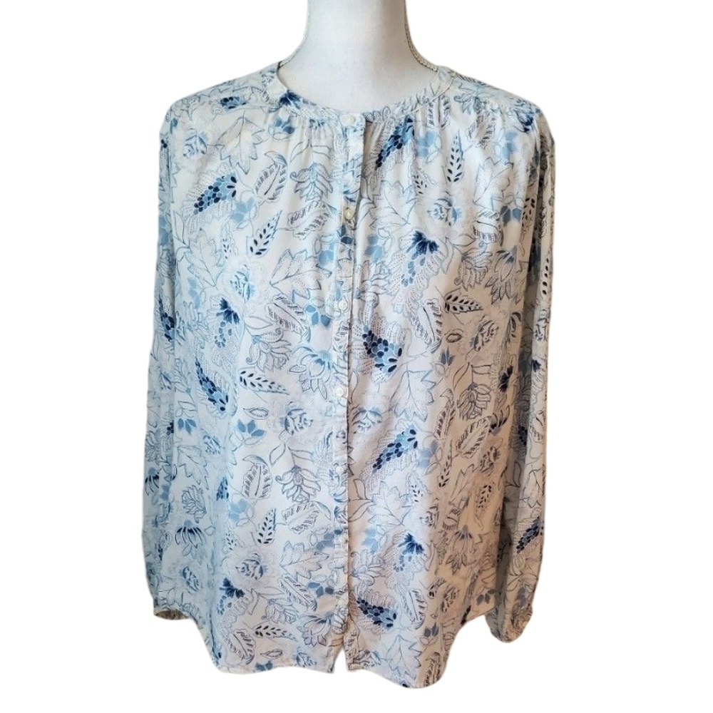 Old Navy Blue White Floral Button Front Long Sleeve Peasant Flowy Blouse Size L